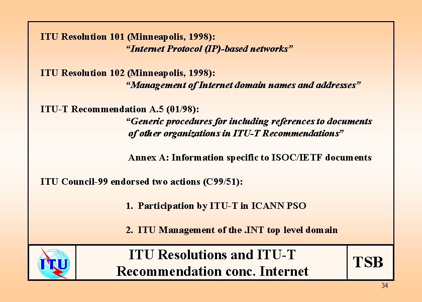 ITU Resolution 101 (Minneapolis, 1998): “Internet Protocol (IP)-based networks” ITU Resolution 102 (Minneapolis, 1998):