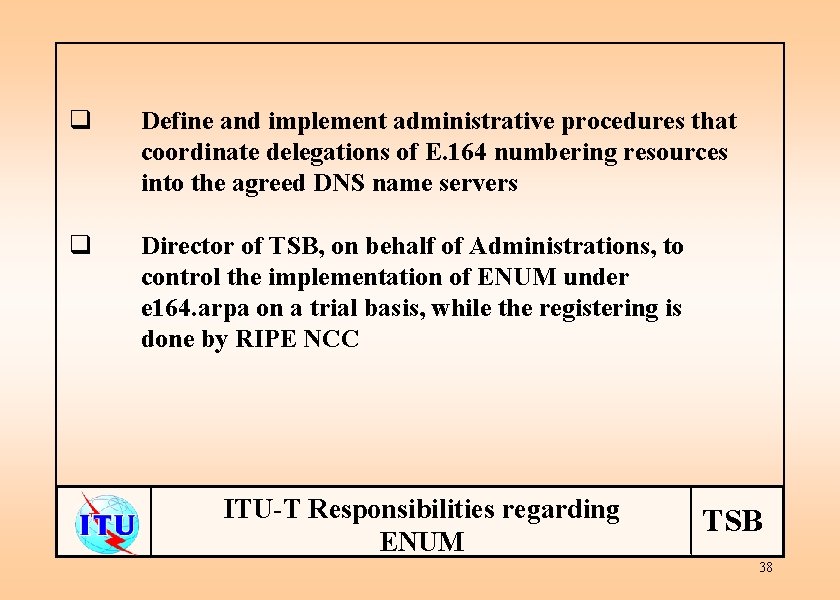 q Define and implement administrative procedures that coordinate delegations of E. 164 numbering resources