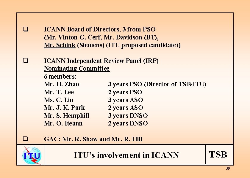 q ICANN Board of Directors, 3 from PSO (Mr. Vinton G. Cerf, Mr. Davidson