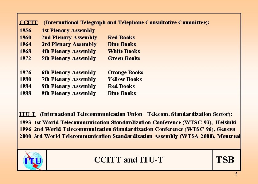 CCITT 1956 1960 1964 1968 1972 (International Telegraph and Telephone Consultative Committee): 1 st