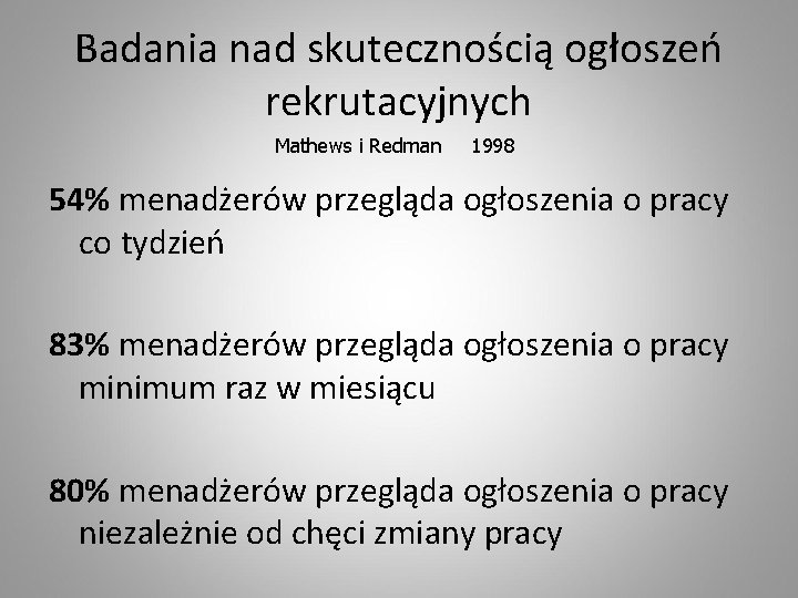 Badania nad skutecznością ogłoszeń rekrutacyjnych Mathews i Redman 1998 54% menadżerów przegląda ogłoszenia o