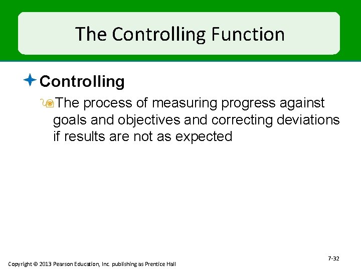 The Controlling Function ª Controlling 9 The process of measuring progress against goals and