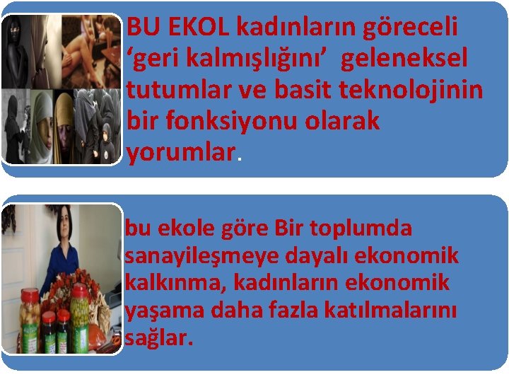 BU EKOL kadınların göreceli ‘geri kalmışlığını’ geleneksel tutumlar ve basit teknolojinin bir fonksiyonu olarak