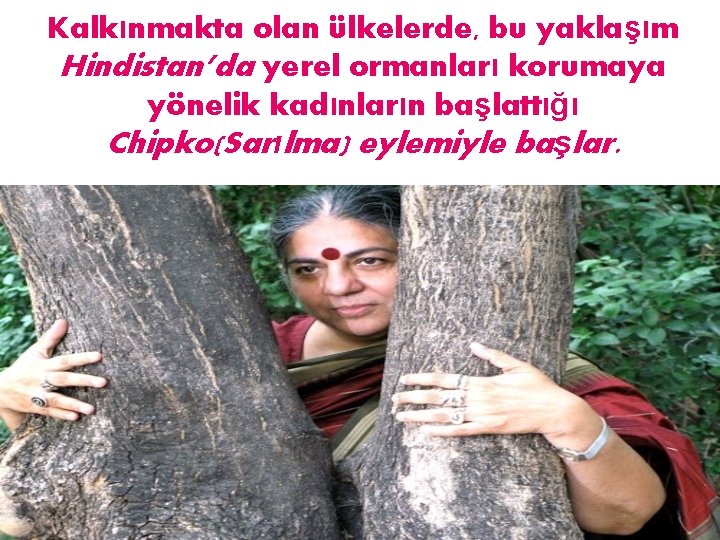 Kalkınmakta olan ülkelerde, bu yaklaşım Hindistan’da yerel ormanları korumaya yönelik kadınların başlattığı Chipko(Sarılma) eylemiyle