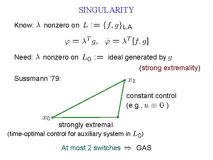 SINGULARITY Know: nonzero on Need: nonzero on ideal generated by (strong extremality) Sussmann ’