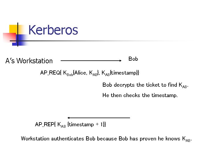Kerberos Bob A’s Workstation AP_REQ{ KBob{Alice, KAB}, KAB{timestamp}} Bob decrypts the ticket to find