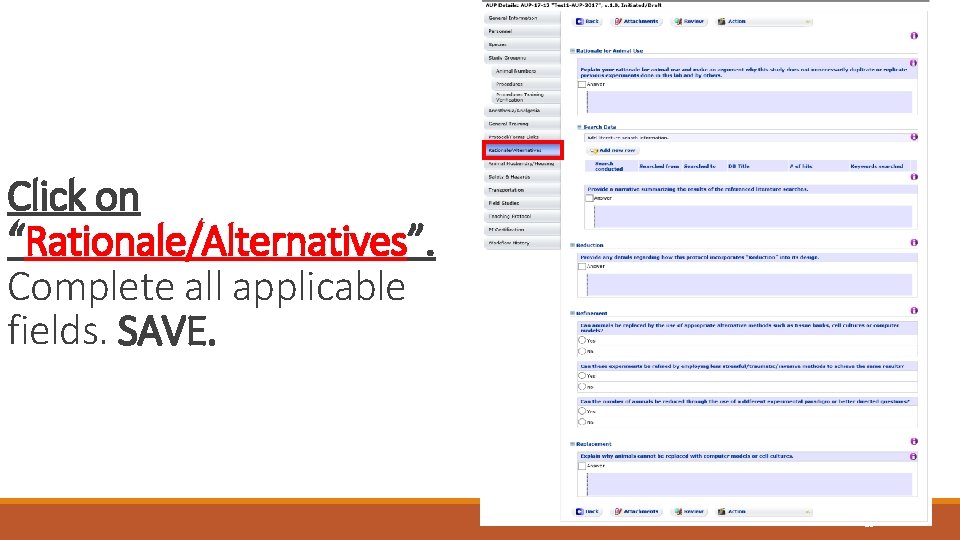 Click on “Rationale/Alternatives”. Complete all applicable fields. SAVE. 19 