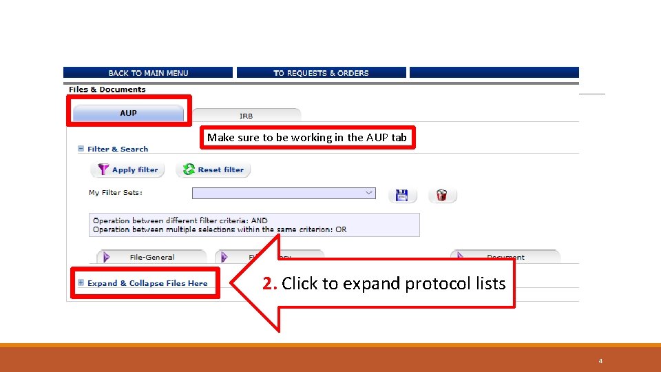 Make sure to be working in the AUP tab 2. Click to expand protocol