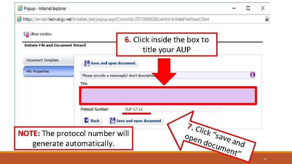 6. Click inside the box to title your AUP NOTE: The protocol number will