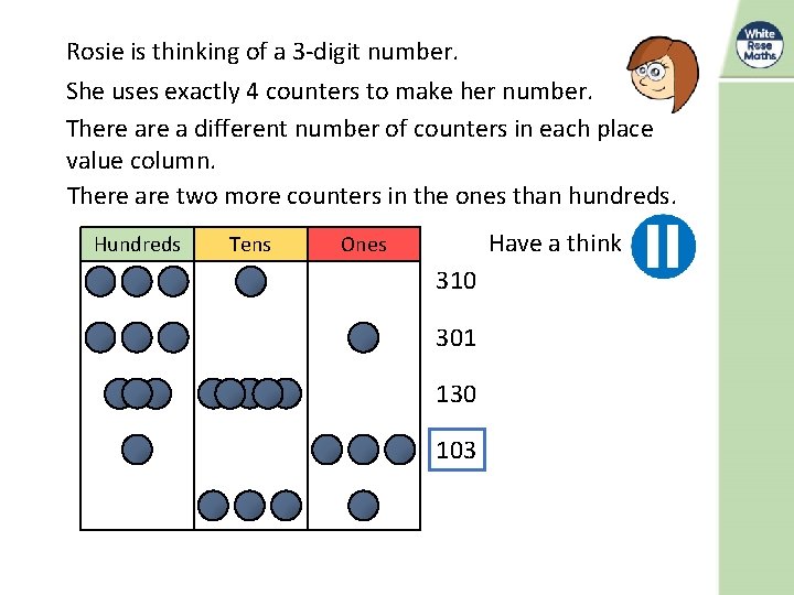 Rosie is thinking of a 3 -digit number. She uses exactly 4 counters to