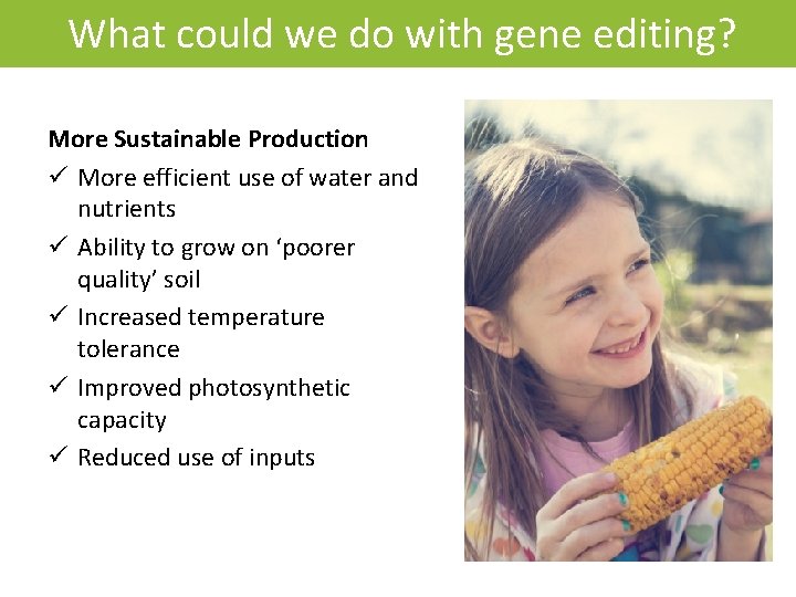 What could we do with gene editing? More Sustainable Production ü More efficient use