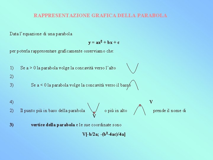 RAPPRESENTAZIONE GRAFICA DELLA PARABOLA Data l’equazione di una parabola y = ax 2 +