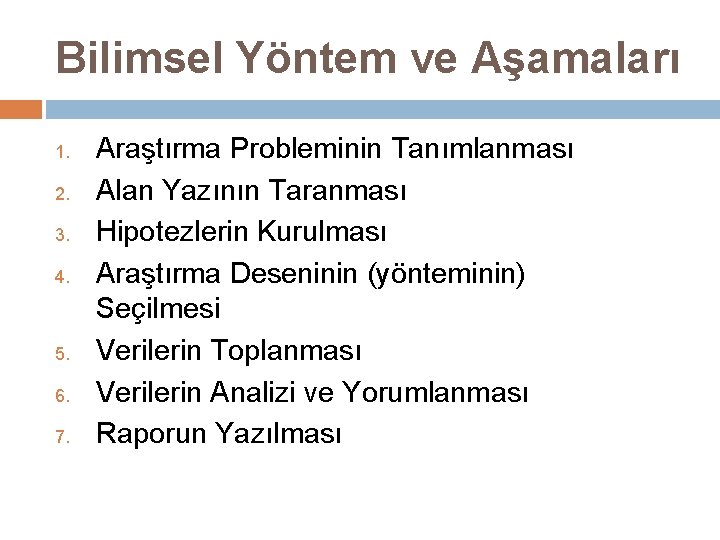 Bilimsel Yöntem ve Aşamaları 1. 2. 3. 4. 5. 6. 7. Araştırma Probleminin Tanımlanması