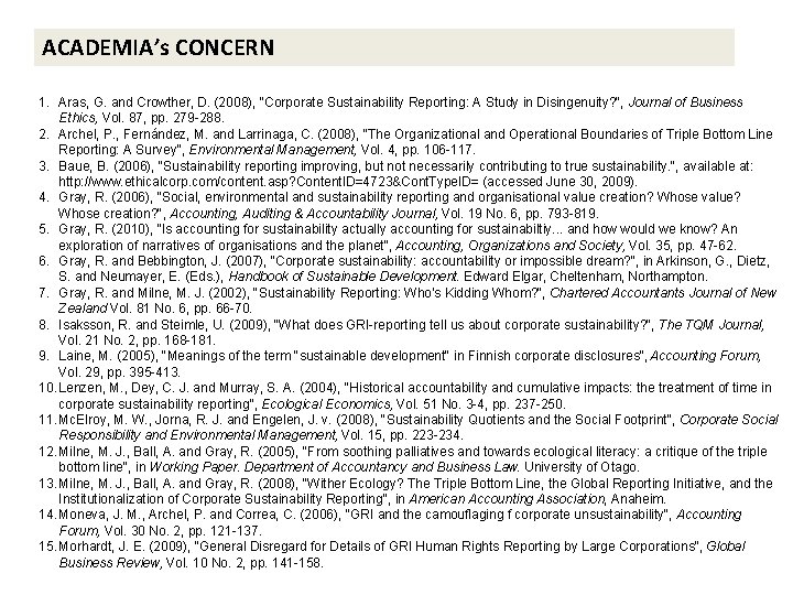 ACADEMIA’s CONCERN 1. Aras, G. and Crowther, D. (2008), "Corporate Sustainability Reporting: A Study