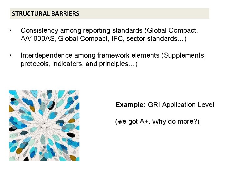STRUCTURAL BARRIERS • Consistency among reporting standards (Global Compact, AA 1000 AS, Global Compact,