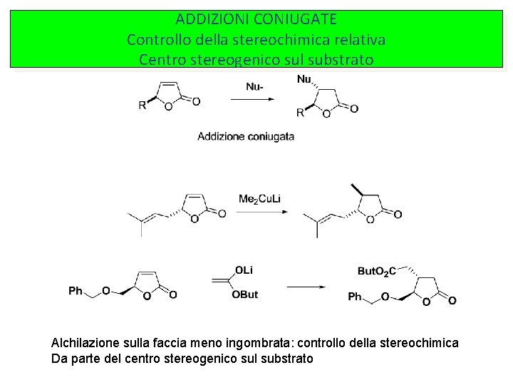 ADDIZIONI CONIUGATE Controllo della stereochimica relativa Centro stereogenico sul substrato Alchilazione sulla faccia meno