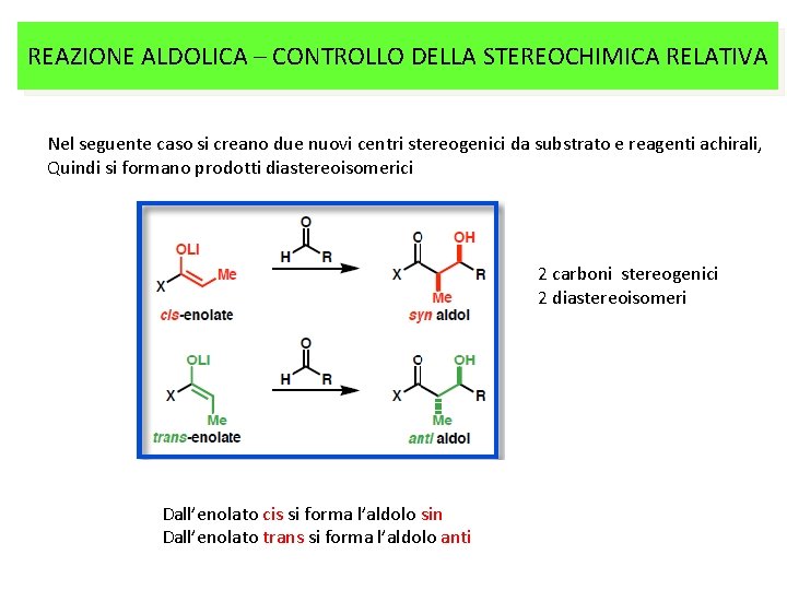 REAZIONE ALDOLICA – CONTROLLO DELLA STEREOCHIMICA RELATIVA Nel seguente caso si creano due nuovi