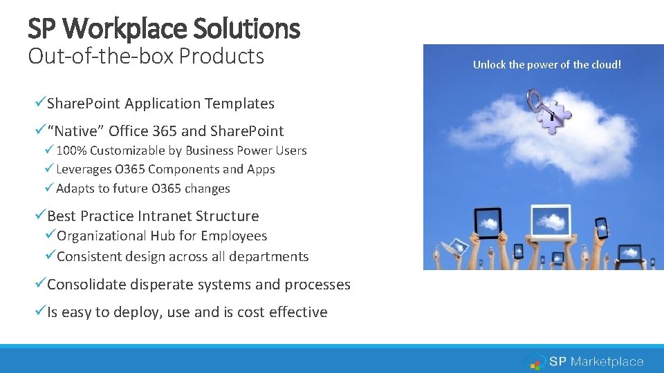 SP Workplace Solutions Out-of-the-box Products üShare. Point Application Templates ü“Native” Office 365 and Share.