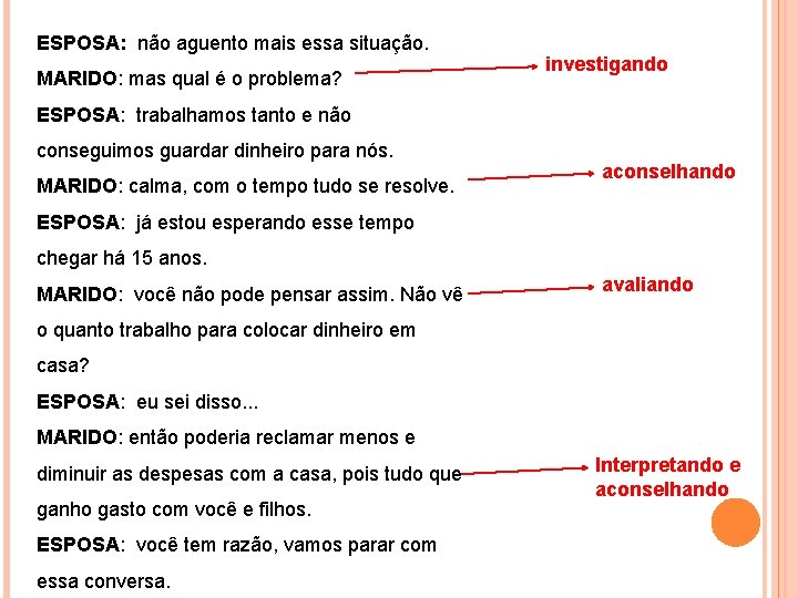 ESPOSA: não aguento mais essa situação. MARIDO: mas qual é o problema? investigando ESPOSA: