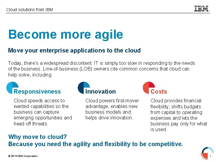 Cloud solutions from IBM Become more agile Move your enterprise applications to the cloud