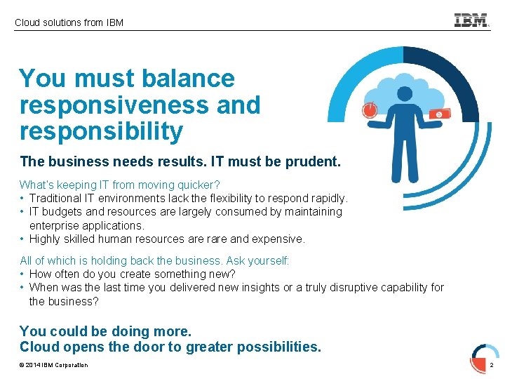 Cloud solutions from IBM You must balance responsiveness and responsibility The business needs results.