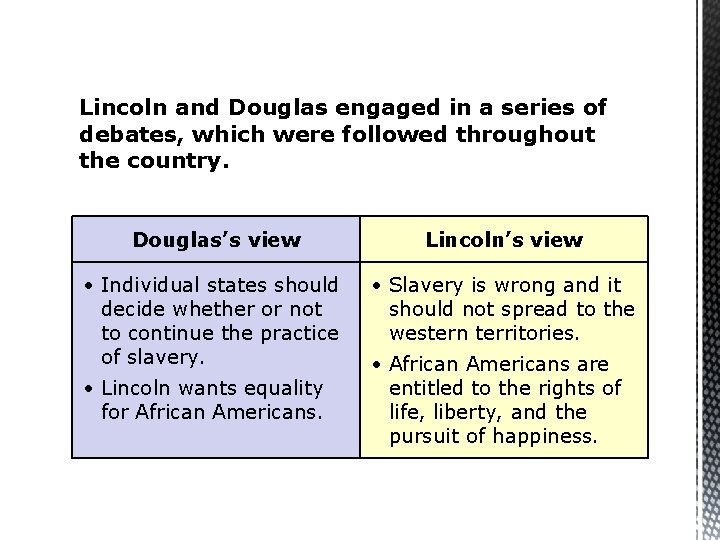 Lincoln and Douglas engaged in a series of debates, which were followed throughout the