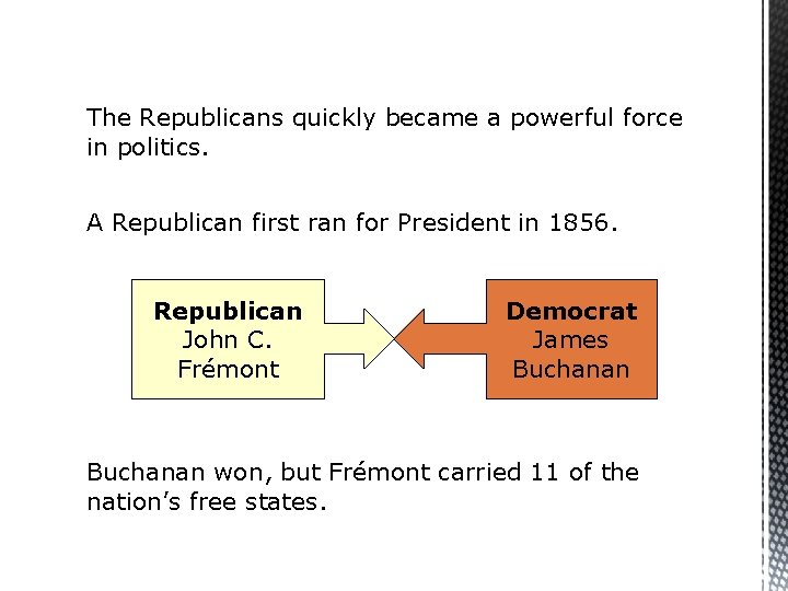 The Republicans quickly became a powerful force in politics. A Republican first ran for