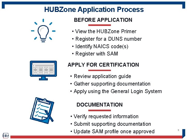 HUBZone Application Process BEFORE APPLICATION • • View the HUBZone Primer Register for a
