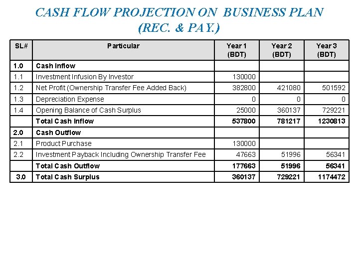 CASH FLOW PROJECTION ON BUSINESS PLAN (REC. & PAY. ) SL# Particular Year 1