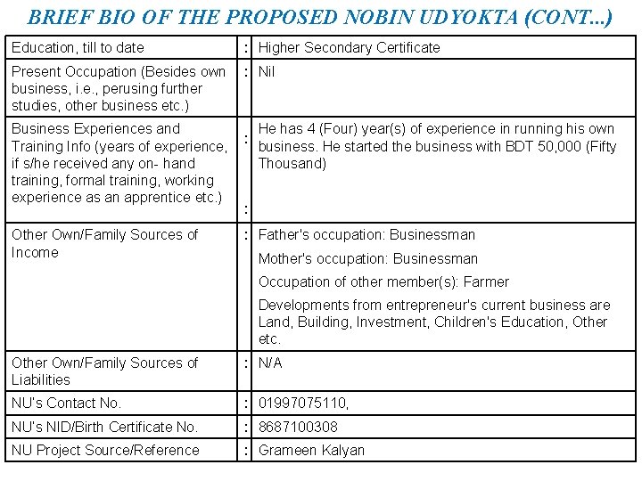 BRIEF BIO OF THE PROPOSED NOBIN UDYOKTA (CONT. . . ) Education, till to