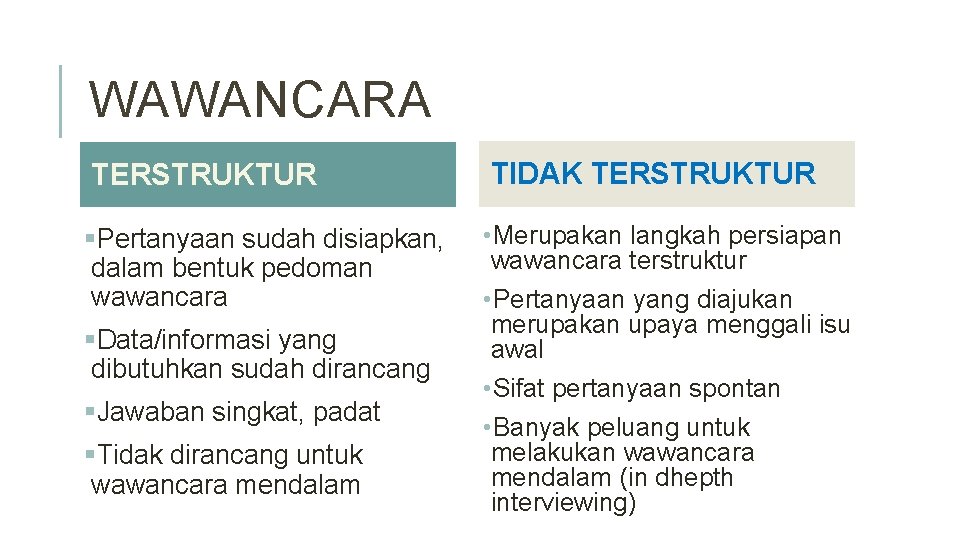 WAWANCARA TERSTRUKTUR TIDAK TERSTRUKTUR §Pertanyaan sudah disiapkan, dalam bentuk pedoman wawancara • Merupakan langkah