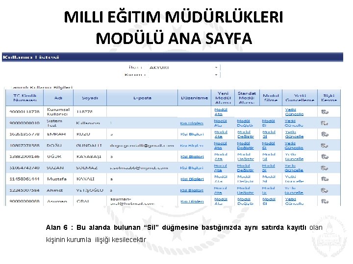 MILLI EĞITIM MÜDÜRLÜKLERI MODÜLÜ ANA SAYFA Alan 6 : Bu alanda bulunan “Sil” düğmesine