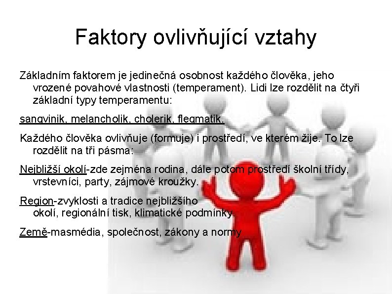 Faktory ovlivňující vztahy Základním faktorem je jedinečná osobnost každého člověka, jeho vrozené povahové vlastnosti