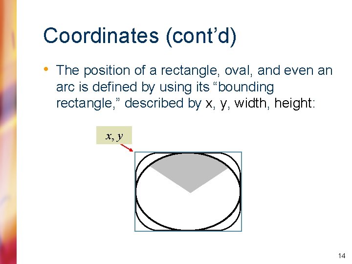 Coordinates (cont’d) • The position of a rectangle, oval, and even an arc is