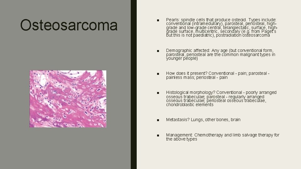 Osteosarcoma ■ Pearls: spindle cells that produce osteoid. Types include: conventional (intramedullary), parosteal, periosteal,