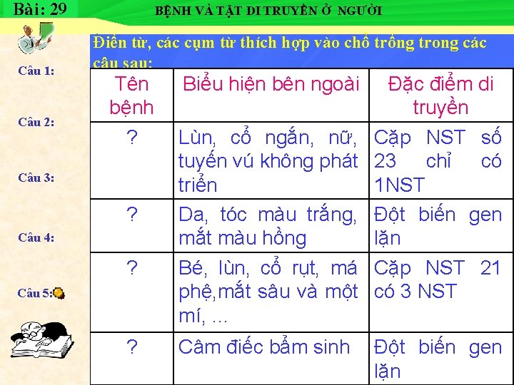 Baø i : 29 Ti ết 30 Câu 1: Câu 2: BỆNH VÀ TẬT