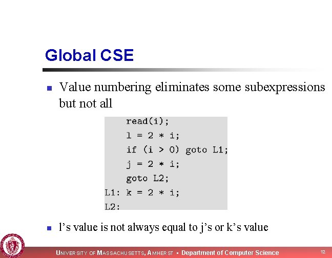 Global CSE n n Value numbering eliminates some subexpressions but not all l’s value