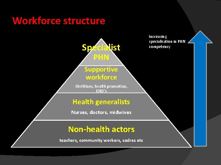 Workforce structure Specialist PHN Supportive workforce Dietitians, health promotion, EHO’s Health generalists Nurses, doctors,