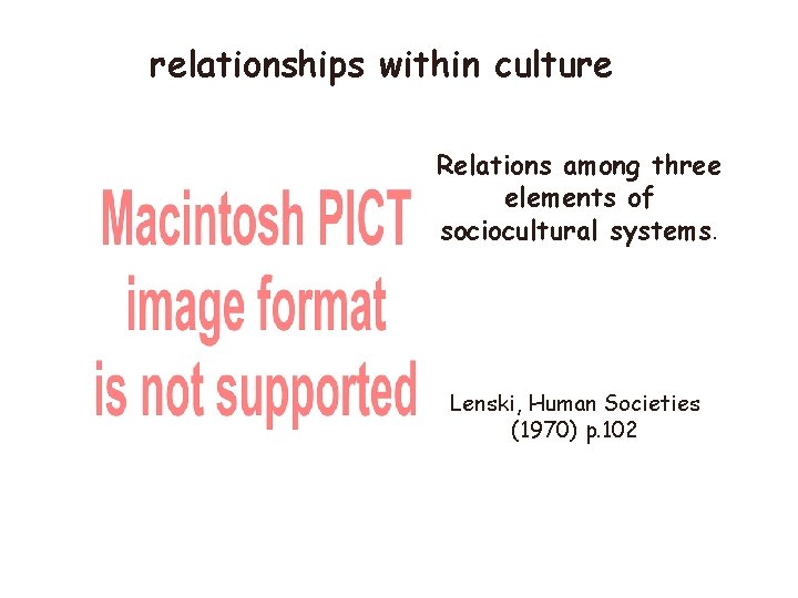 relationships within culture Relations among three elements of sociocultural systems. Lenski, Human Societies (1970)