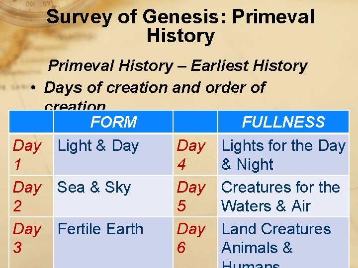 Survey of Genesis: Primeval History – Earliest History • Days of creation and order