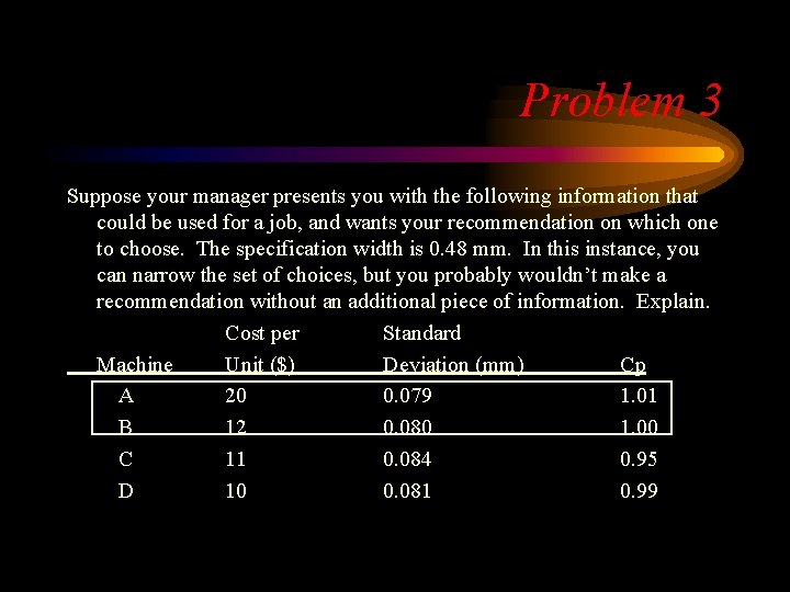 Problem 3 Suppose your manager presents you with the following information that could be