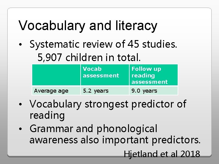 Vocabulary and literacy • Systematic review of 45 studies. 5, 907 children in total.