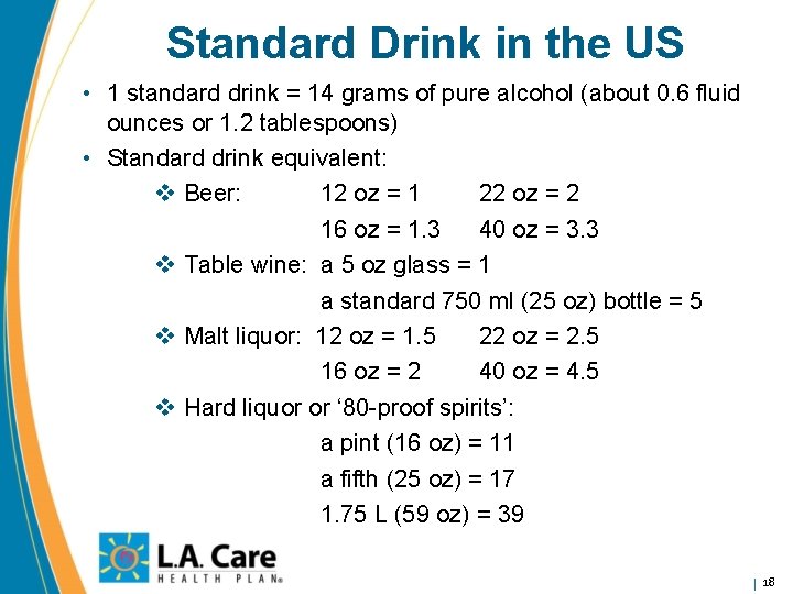 Standard Drink in the US • 1 standard drink = 14 grams of pure