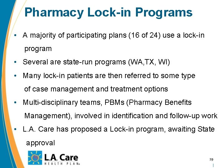 Pharmacy Lock-in Programs • A majority of participating plans (16 of 24) use a