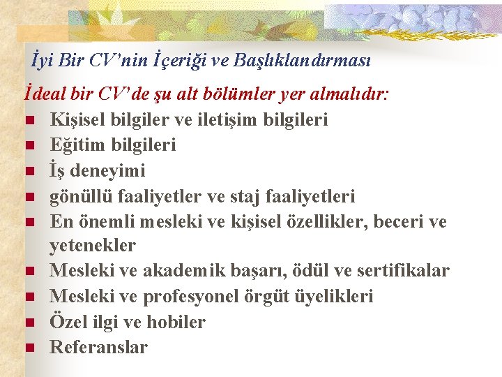 İyi Bir CV’nin İçeriği ve Başlıklandırması İdeal bir CV’de şu alt bölümler yer almalıdır: