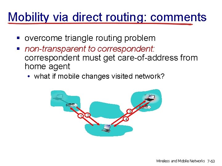 Mobility via direct routing: comments § overcome triangle routing problem § non-transparent to correspondent: