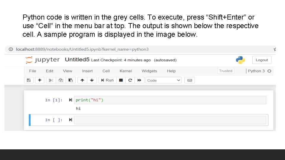 Python code is written in the grey cells. To execute, press “Shift+Enter” or use