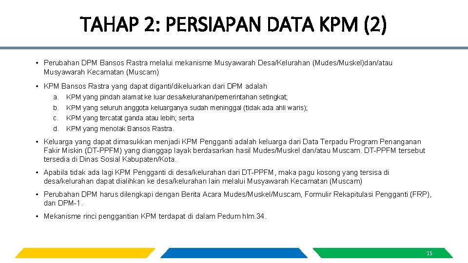 TAHAP 2: PERSIAPAN DATA KPM (2) • Perubahan DPM Bansos Rastra melalui mekanisme Musyawarah