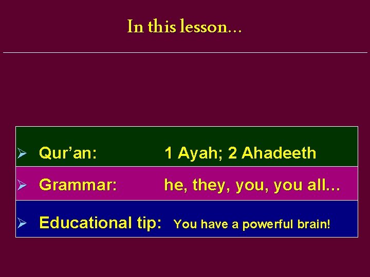 In this lesson… Ø Qur’an: 1 Ayah; 2 Ahadeeth Ø Grammar: he, they, you