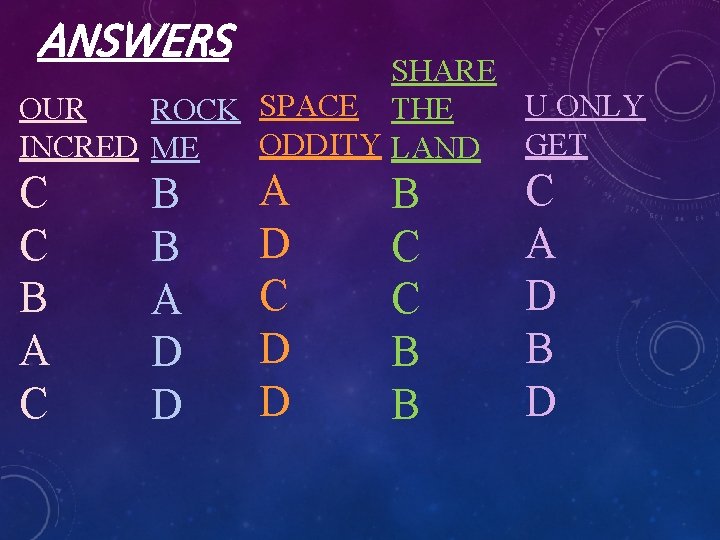 ANSWERS SHARE U ONLY OUR ROCK SPACE THE ODDITY LAND GET INCRED ME C